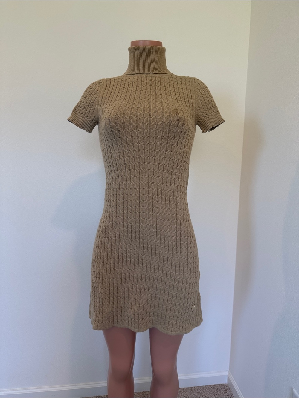 Twin-Set Taupe Cable-Knit Short Sleeve Turtleneck Dress